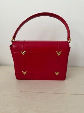 Valentino Garavani Red Structured Top-Handle Shoulder Bag with Gold V Accents